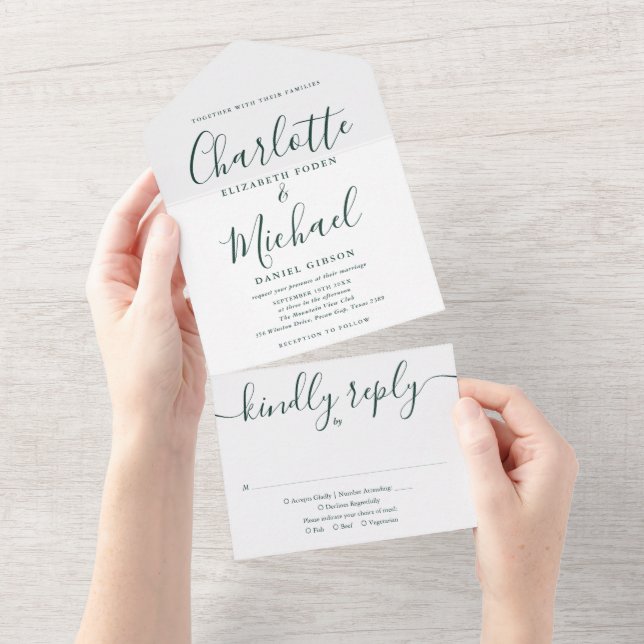 Elegante Emerald Green Script Minimalistisch Weddi All In One Einladung (Abreißen)