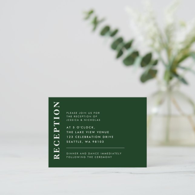 Elegante Emerald Green Simple Wedding Reception Begleitkarte (Stehend Vorderseite)