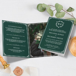 Elegante Emerald Green und White Monogram Wedding Einladung