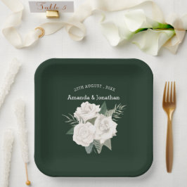 Elegante Emerald Green und White Roses Wedding Pappteller