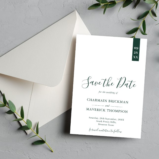 Elegante Emerald Green und White Script Wedding Save The Date (Von Creator hochgeladen)