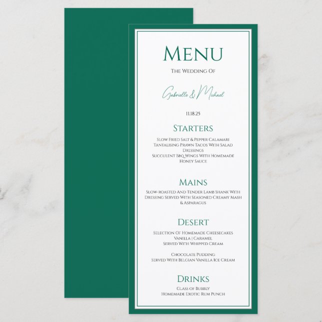 Elegante Emerald Green Wedding Menu Card (Vorne/Hinten)