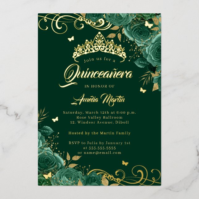 Elegante Emerald Rose Swirl Gold Quinceanera Folieneinladung (Vorderseite)
