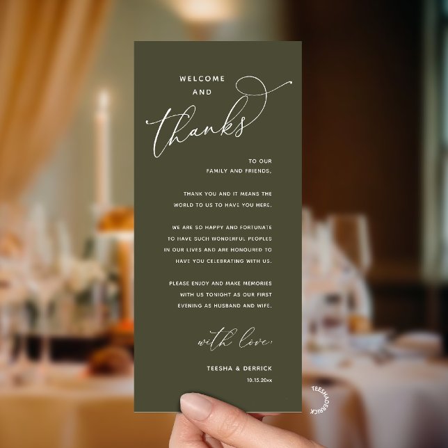 Elegante Empfangs-Gastkarte "Willkommen und Danke" Programm (Modern Elegant Wedding Reception "Welcome and Thanks" Table Card for Guest in Olive Green)