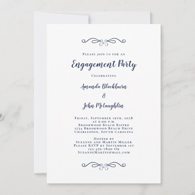Elegante Engagement Party Couple Calligraphy Blue Einladung (Vorderseite)