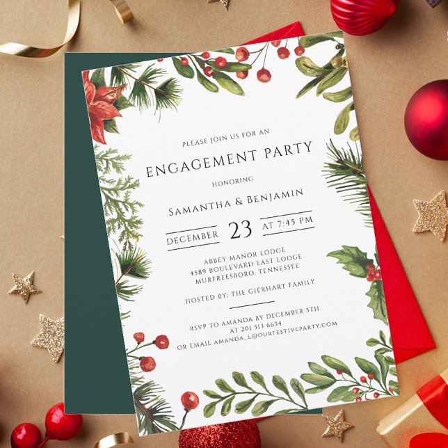Elegante Engagement Party Red Berries Einladung (Botanical Watercolor Red Berries Christmas Party Invitation)