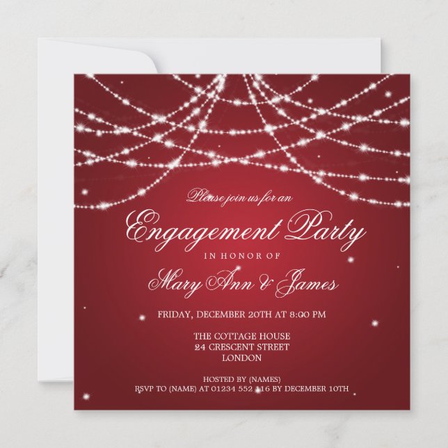 Elegante Engagement Party Sparkling String Red Einladung (Vorderseite)
