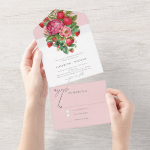 Elegante Erdbeeren- und Pfingstrosen-Hochzeits-RSV All In One Einladung