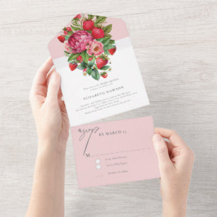 Elegante Erdbeeren und Pfingstrosen Hochzeitseinla All In One Einladung