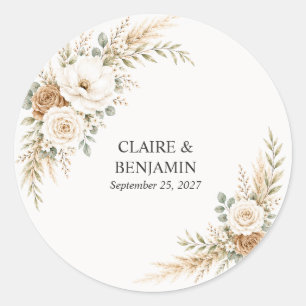 Elegante, erdige botanische Pampas-Hochzeit Runder Aufkleber
