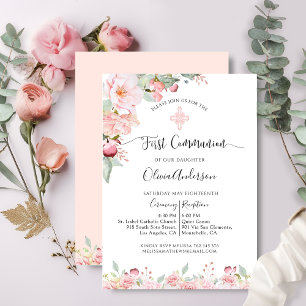 Elegante Erste Kommunion Mint and Peach Floral Einladung