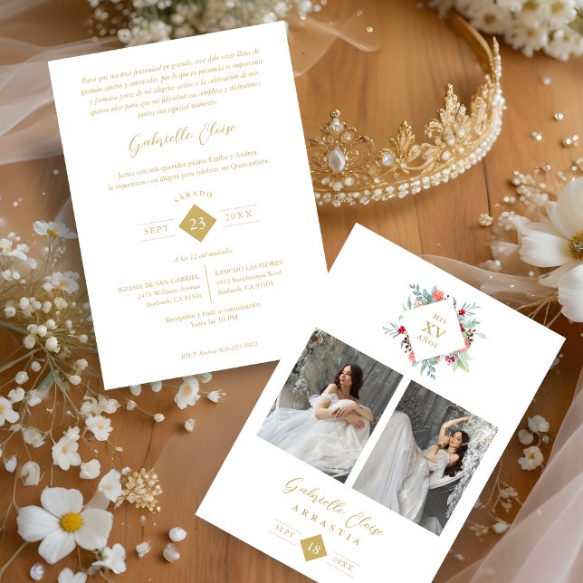Elegante Español Forma Moderna De Diamante Einladung (panish Elegant Modern Floral Anagram 2 Photos Collage Metallic Foil Invitation with Envelope. )