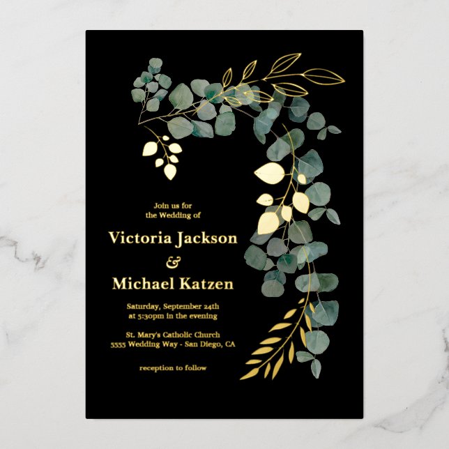 Elegante Eucalyptus-Blätter Folieneinladung (Vorderseite)
