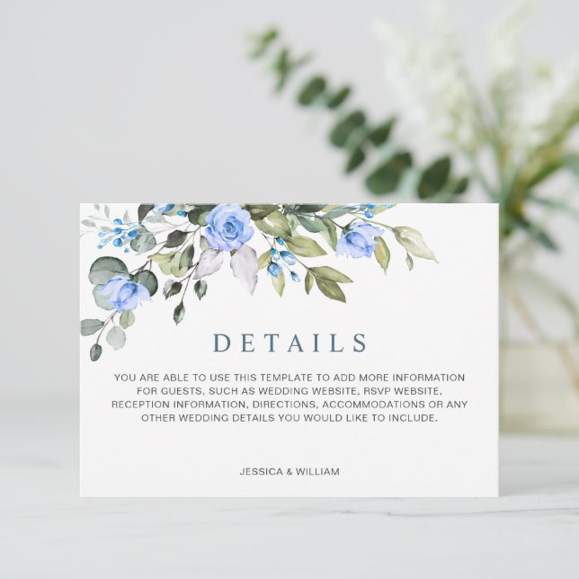 Elegante Eucalyptus Blue Rose Hochzeitdetails Begleitkarte (Stehend Vorderseite)