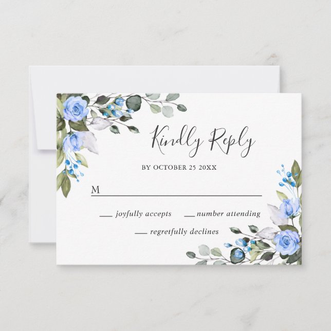 Elegante Eucalyptus Blue Rose Wedding RSVP Card (Vorderseite)