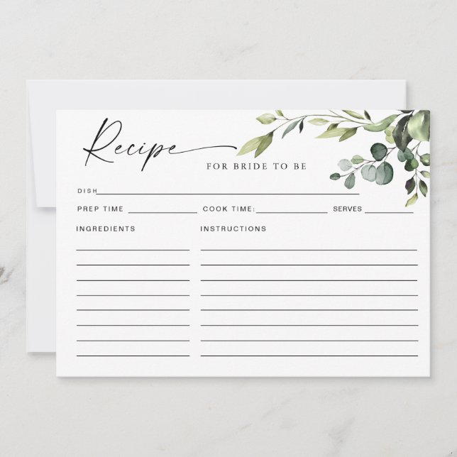 Elegante Eucalyptus Boho Brautparty Rezept Card Einladung (Vorderseite)
