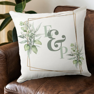 Elegante Eucalyptus Gold Frame Monogram Initials Kissen