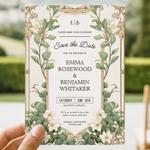 Elegante Eucalyptus Gold Frame Save the Date Karte