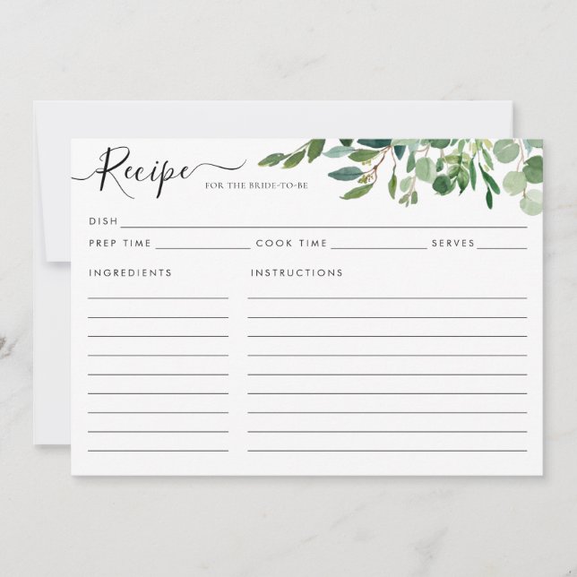 Elegante Eucalyptus Green Brautparty Rezept Card (Vorderseite)