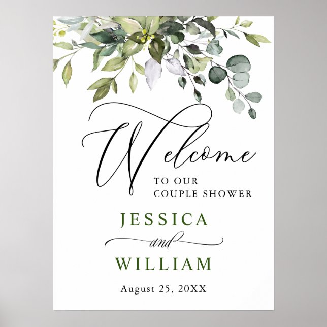 Elegante Eucalyptus Watercolor Couple Dusche Poster (Vorne)