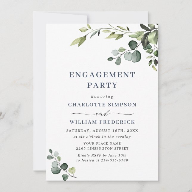 Elegante Eucalyptus Watercolor ENGAGEMENT PARTY Einladung (Vorderseite)