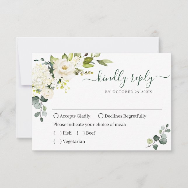 Elegante Eucalyptus White Roses Floral Wedding RSVP Karte (Vorderseite)