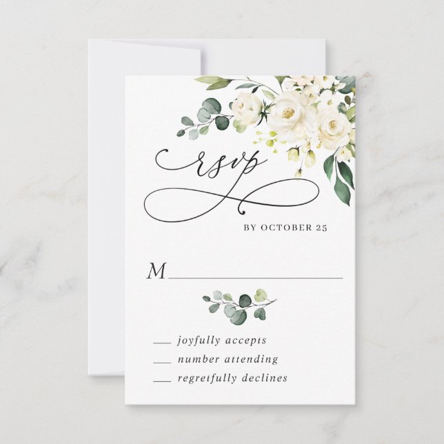 Elegante Eucalyptus White Roses Floral Wedding RSVP Karte (Vorderseite)
