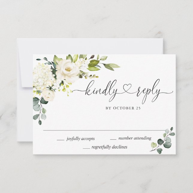 Elegante Eucalyptus White Roses Floral Wedding RSVP Karte (Vorderseite)