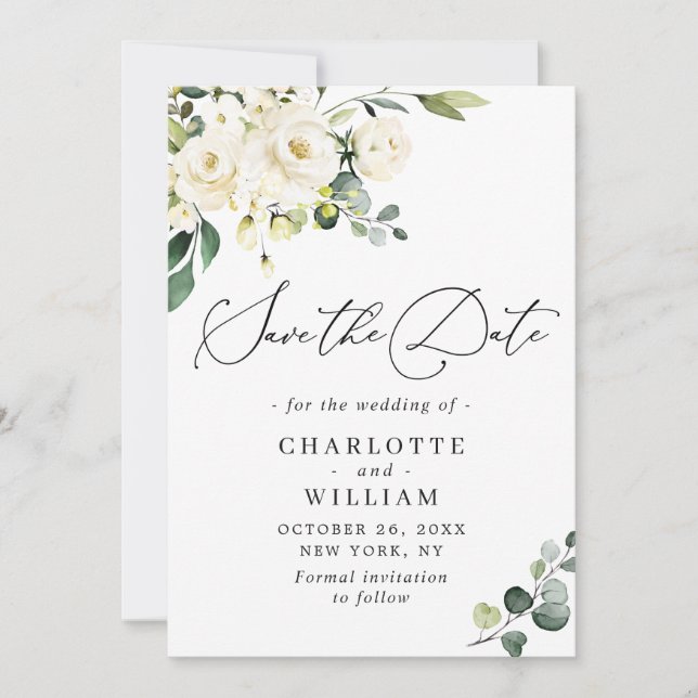 Elegante Eucalyptus White Roses Floral Wedding Save The Date (Vorderseite)