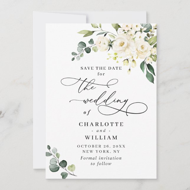 Elegante Eucalyptus White Roses Floral Wedding Save The Date (Vorderseite)