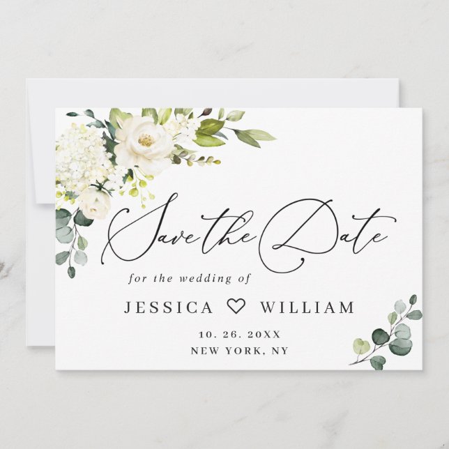 Elegante Eucalyptus White Roses Floral Wedding Save The Date (Vorderseite)