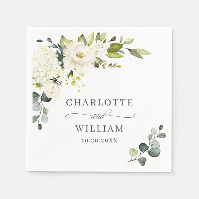 Elegante Eucalyptus White Roses Floral Wedding Serviette (Vorderseite)