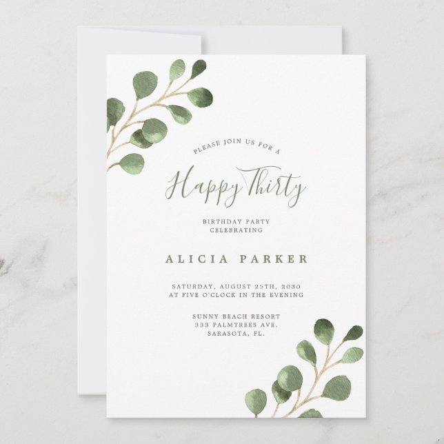 Elegante Eukalyptus-Blätter 30. Party Einladung (Vorderseite)