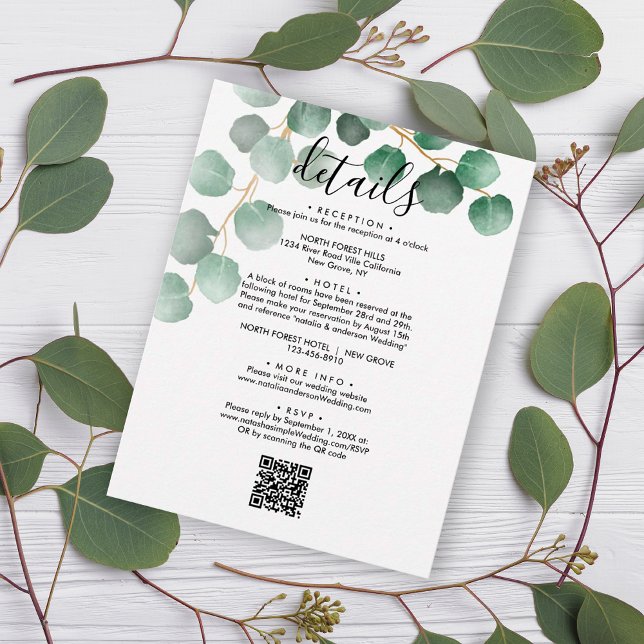 Elegante Eukalyptus-Blätter QR-Code Hochzeitdetail Begleitkarte (Von Creator hochgeladen)