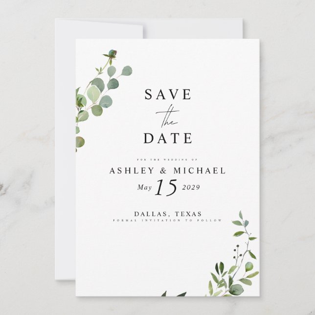 Elegante Eukalyptus Botanische Marmorhochzeit Save The Date (Vorderseite)