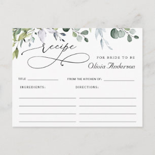Elegante Eukalyptus-Brautparty-Rezeptkarte Postkarte