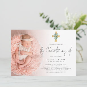 Elegante Eukalyptus Cross Foto Christening  Einladung
