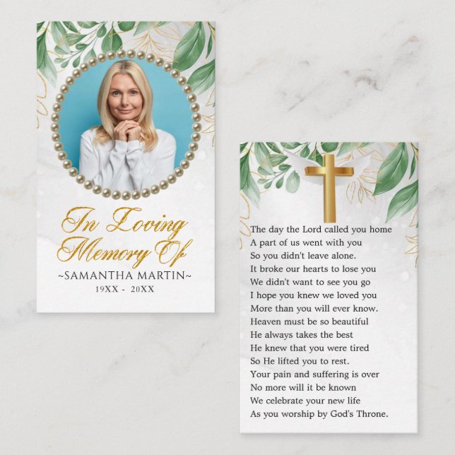 Elegante Eukalyptus-Foto Beerdigungskarte Visitenkarte (Vorne/Hinten)