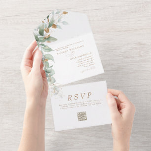 Elegante Eukalyptus-Glam-QR-Code-Hochzeit All In One Einladung