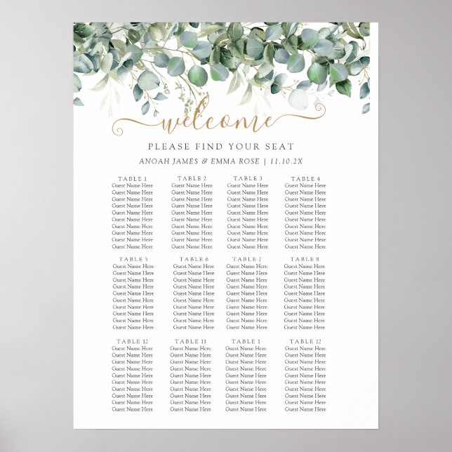 Elegante Eukalyptus-Grün-Hochzeits-Sitzplan Poster (Vorne)