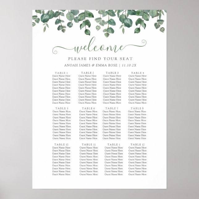 Elegante Eukalyptus-Grün-Hochzeits-Sitzplan Poster (Vorne)