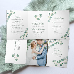 Elegante Eukalyptus-Grün-Wasserfarben-Hochzeit Dreifach Gefaltete Einladung