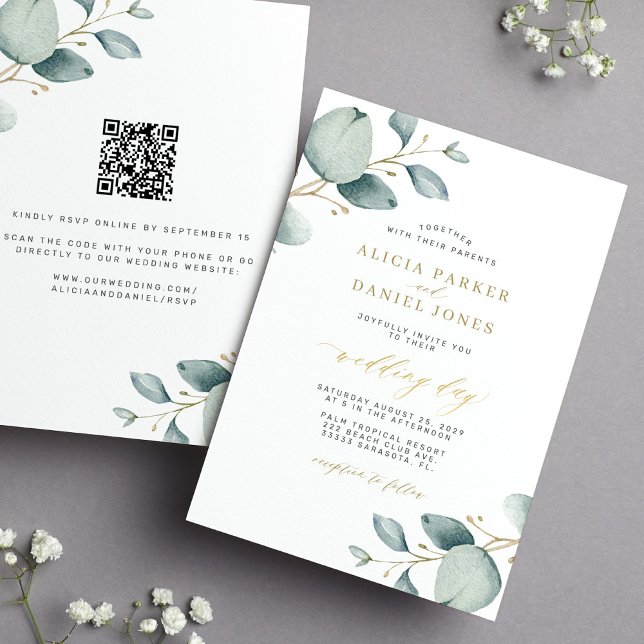 Elegante Eukalyptus-Grüngolden QR UAWG Hochzeit Einladung (Von Creator hochgeladen)