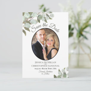 Elegante Eukalyptus-Grünpflanzen & Foto Weiße Hoch Save The Date