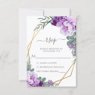 Elegante Eukalyptus-Hochzeit mit Gold und Lila Blu RSVP Karte