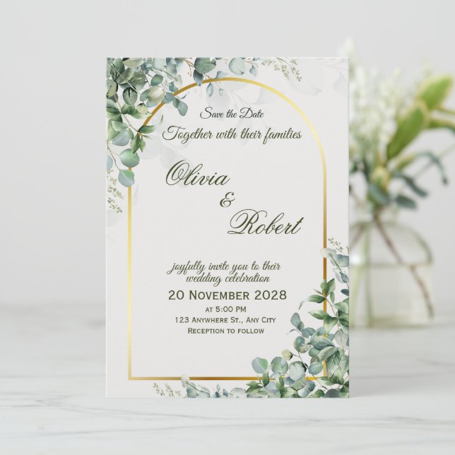 Elegante Eukalyptus-Hochzeitseinladung Einladung (Stehend Vorderseite)