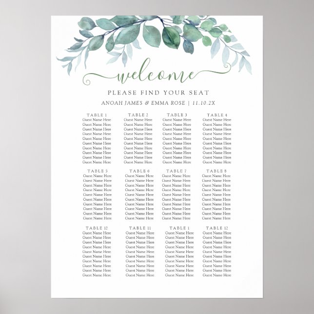 Elegante Eukalyptus-Hochzeitssitzplan Poster (Vorne)