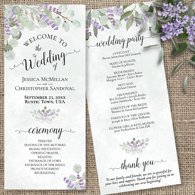 Elegante Eukalyptus & Lavender Watercolor Wedding Programm (In Situ Front and Back)