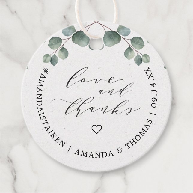 Elegante Eukalyptus-Liebe & Dank Monogram Geschenkanhänger (Vorderseite)