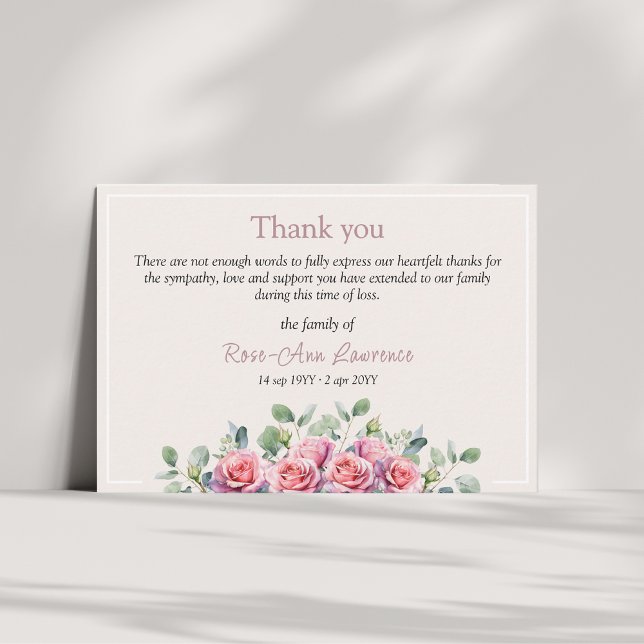 Elegante Eukalyptus-Rosen-Trauerfloristik Dankeskarte (Elegant cream ivory thank you card. Pink roses and sage green eucalyptus leaves. memorial service)